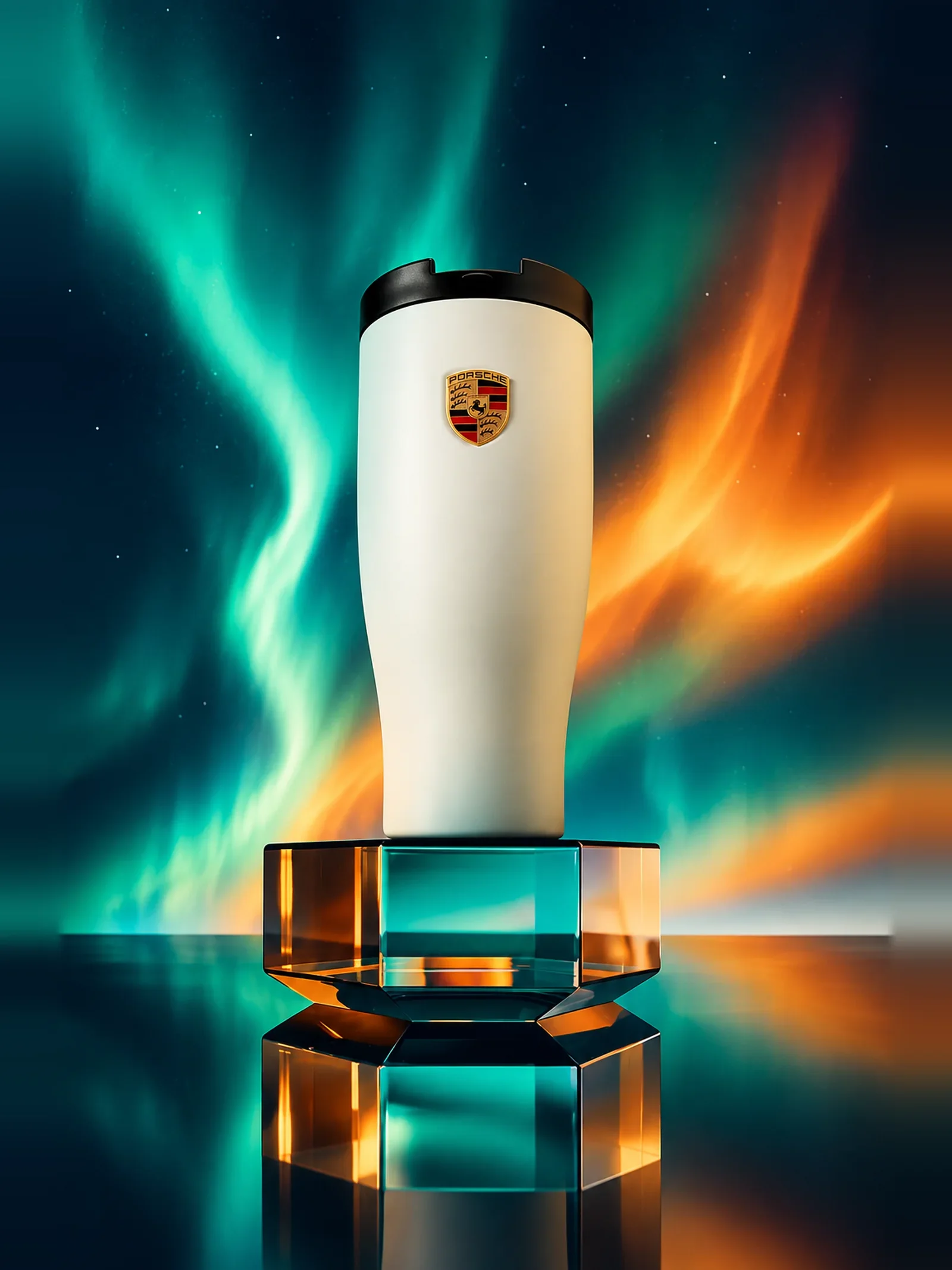 Porsche crest thermal travel tumbler displayed against colorful aurora lights